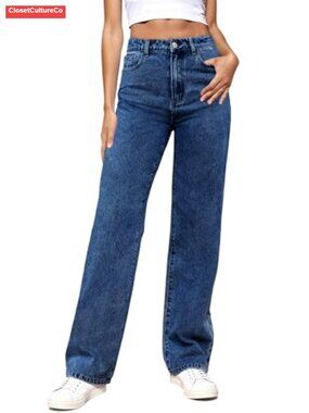 High Waisted Straight Leg Stretchy Jeans Pockets Casual Everyday Denim